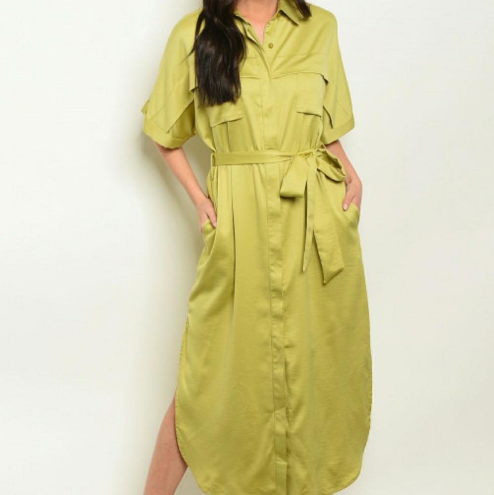 TEA & CUP LIME COLLAR BUTTON DOWN BELT TUNIC MAXI SHIRT LINEN DRESS